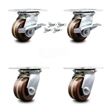 Service Caster 4 Inch High Temp Phenolic Caster Set with Roller Bearing 4 Swivel Lock 2 Brake SCC-35S420-PHRHT-SLB-BSL-2-BSL-2